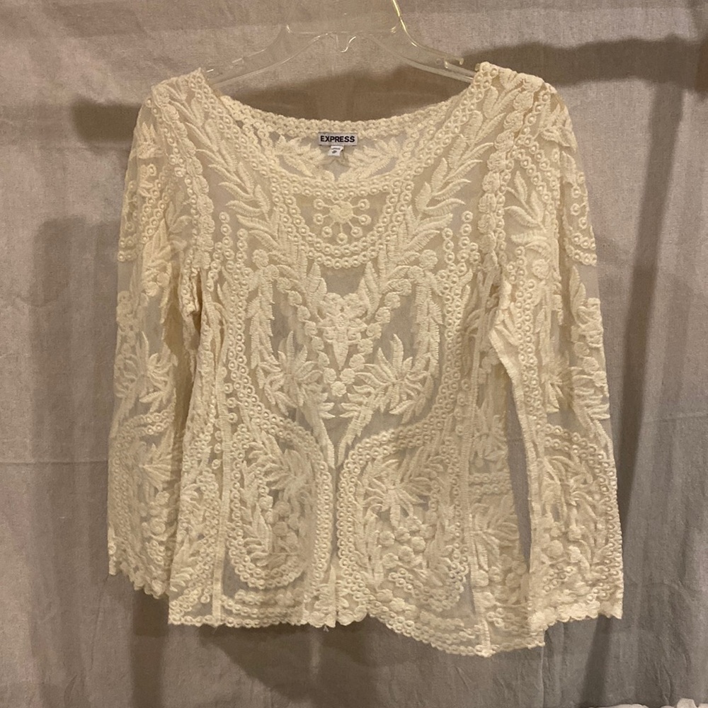 Cream ivory off-white sheer top with embroidery.